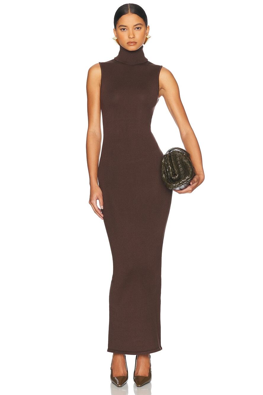 HELSA Aadi Turtleneck Sleeveless Knit Bodycon Chocolate Old Money Maxi NWT S
